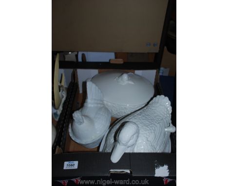 A quantity of china to include white double open vegetable dish, white china duck tureen with ladle, large white fruit tureen