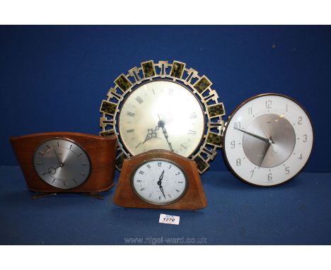 A Staiger gold/green battery wall clock together with three Mantle clocks;  Westclox wind-up, Metamec seven day vintage wind-