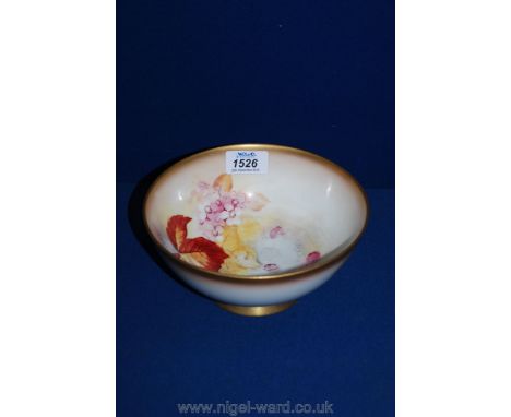 A Royal Worcester Bowl decorated with blackberries and blossom, signed K. Blake, gilt highlighted to rim, some wear to interi