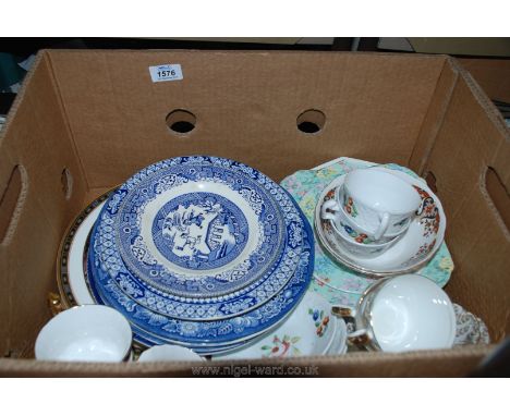 A quantity of plates, cups and saucers including Shelley cake plate, Royal Doulton 'Monaco' dinner plates, blue and white Gui