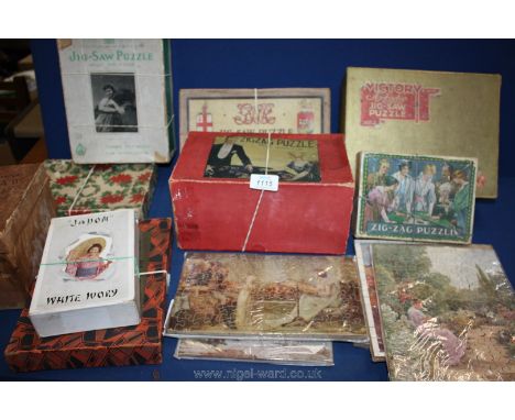 A box of vintage wooden Jigsaws including Victory Gold box, Chad Valley 'come to Britain', Truslove or Hanson's, GWR Paddingt