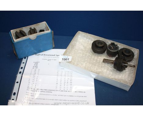A model engineering Mason-Lesley plate metal hole cutting Tools, arbour and three fly cutters.
