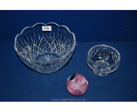 A large glass fruit bowl along with a small bowl by Thomas Webb and a Caithness Strawberry Fayre paperweight.