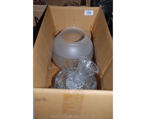 A small quantity of glass to include cut glass vase, crystal fruit dish, etched globe lamp shade and a circular tray.