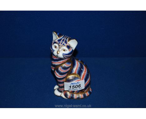 A Crown Derby sitting cat with gold button, back a/f but repaired.