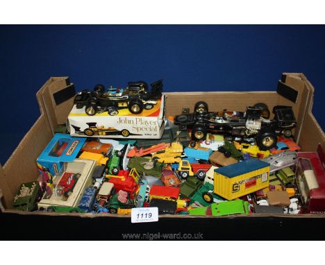 A mixed box of Die cast including John Player wind-up racing car.