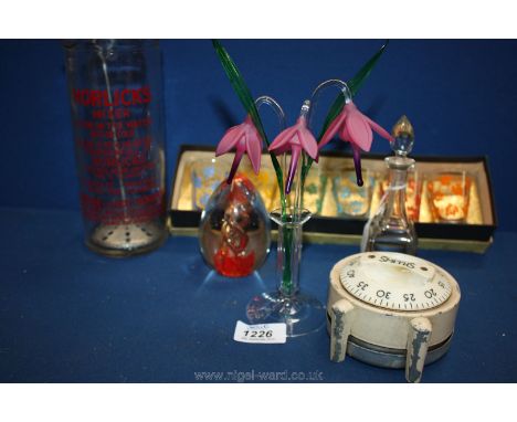 An old Smiths timer, glass Horlicks mixer together with miscellaneous glass including shot glasses, decanter, paperweight and