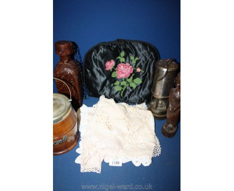 A small quantity of miscellanea including Davey lamp (a/f.), treen biscuit barrel, ethnic carved figure, cork coated decanter