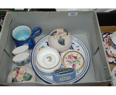 A quantity of china including Wedgwood Jasperware lighter and small plate, Coalport trinket box, Royal Crown Derby pin dish e