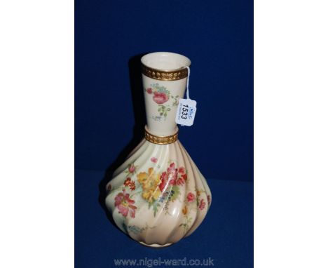 A large Royal Worcester blush ivory bottle Vase with twist fluted body and banded gilt neck with all-over painted summer flow