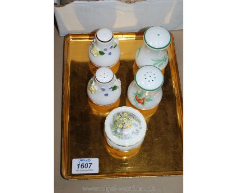 A Royal Doulton Brambly Hedge lidded pot, pair of Royal Worcester 'poppy' pattern condiments and a pair of Astbury Royal Albe