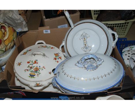 Three very large vegetable dishes one having a ladle, Losol ware, Pareek ware etc.
