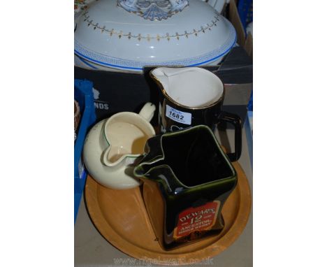 Three bar Jugs including Woodbine cigarettes, Dewars 12 Scotch Whisky and Hunts Mixers, all on a wooden Hamlin tray.