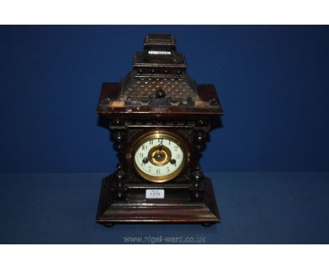 A mantle Clock in oriental style wooden case, with pendulum, no key, a/f