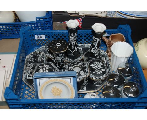 A Corona ware dressing table set, one candlestick a/f., ten items in total, four Royal Worcester egg coddlers, a Wedgwood wat