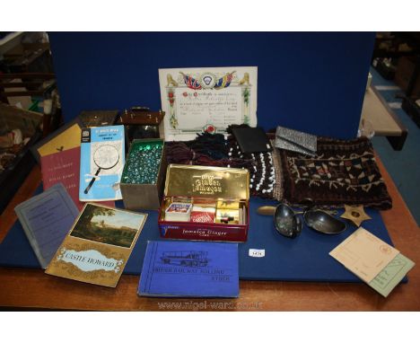 A quantity of miscellanea including brass tea caddy, clear glass marbles, book on British railway rolling stock etc.
