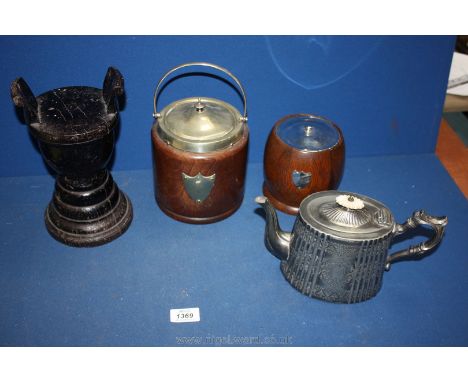 A Treen tea caddy, biscuit barrel with china liner, Pewter teapot, etc.