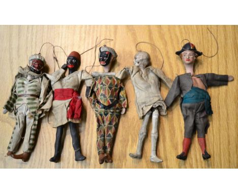 Composition Puppet Figures including Skeleton, Harlequin and three others each approx. 7'', 17cm (5)