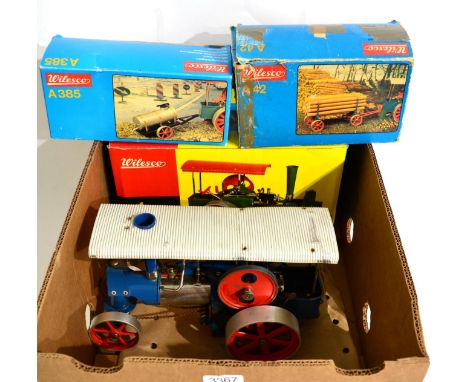 Wilesco D36 Old Smoky Road Roller (G-E box G) an unboxed Traction engine (G-F) A42 Timber wagon and A385 Water tank wagon (bo