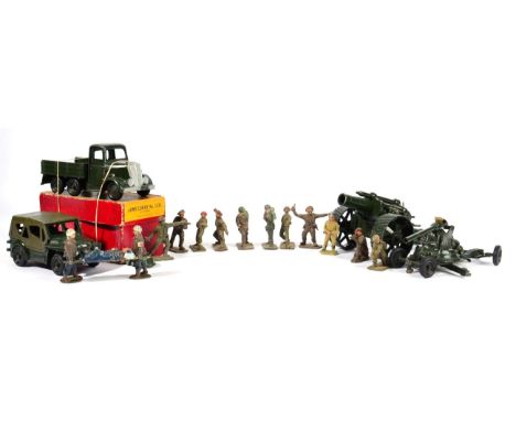 Britains 1335 Army Tipping Lorry (G-E box F-G) 18'' Howitzer (with box base only)  Austin Champ and AA Gun (4)