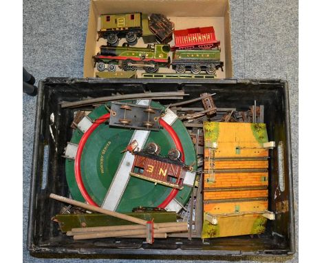 Hornby O Gauge 4-4-0 L&NER locomotive and tender, LNER Snow plough, Cement wagon, Hopper wagon, NE brake wagon and assorted o