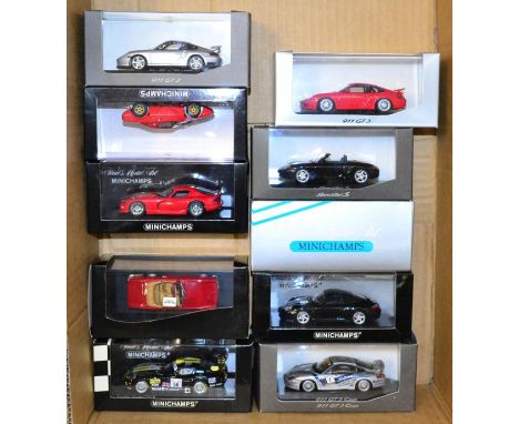 Minichamps Porsches 911 GT3 Cup, 911 4S, 911 Carrera RS, Boxster S, 911 GT3 and 911 GT2; together with Dodge Viper GTS-R Le M