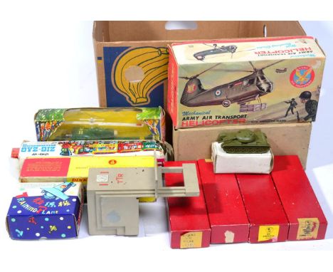 Mixed Lot including Marx Army Helicopter (boxed) three Trix OO Gauge US rolling stock (all boxed) Dinky 953 Continental coach