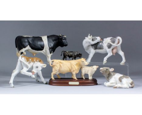 A collection of ceramic, glass and bronze objects of Bovine interest, including - Royal Copenhagen model of recumbent calf, 4