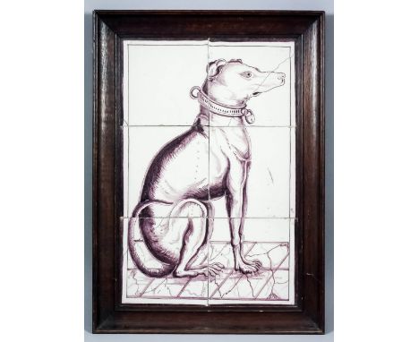 A pair of 18th Century Dutch Delft manganese decorated tile panels of a hound with metal collar and a cat, each 15.25ins x 10
