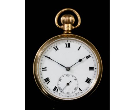 A George V 9ct gold cased open faced keyless pocket watch, the white enamel dial with Roman numerals and subsiduary seconds d