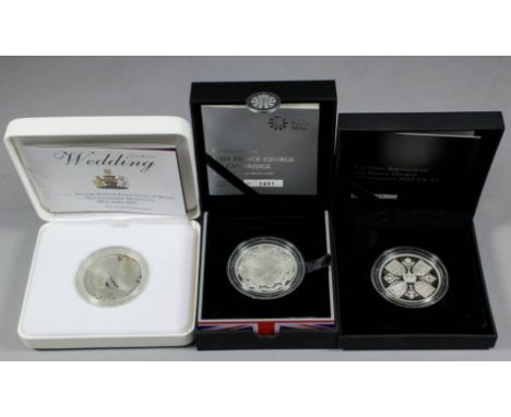 Three Elizabeth II silver proof Five Pound coins - Wedding of Prince William to Miss Catherine Middleton 29th April 2011, Chr