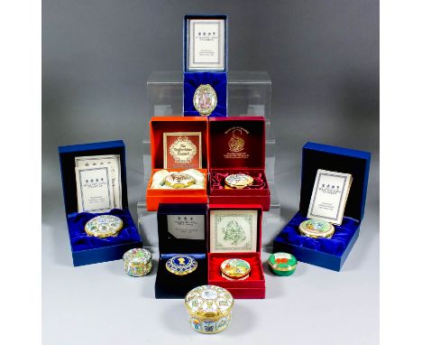 A modern Halcyon Days limited edition enamel box - "Architecture Millennium", 2.5ins diameter, nineteen other Halcyon Days bo