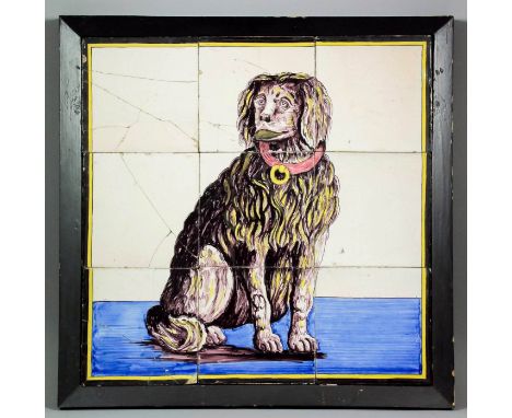 A pair of 19th Century Dutch Delft and manganese and coloured tile panels of a Spaniel and a cat devouring a mouse, with two 