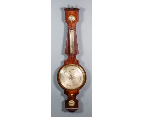 A 19th Century mahogany wheel cased barometer, thermometer and hydrometer, with 10ins silvered dial and mercury thermometer, 
