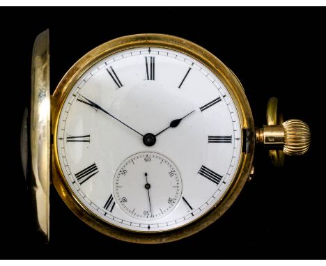 An early 20th Century gentleman's Continental 18k gold half hunting cased keyless pocket watch, the white enamel dial with Ro