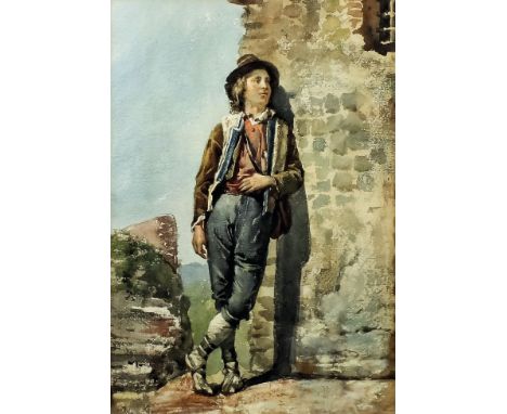 19th Century Continental school - Watercolour - Full-length portrait of a young shepherd boy leaning against a wall, 14.5ins 
