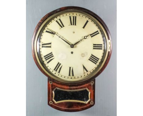 An early Victorian mahogany and brass inlaid drop dial wall clock, the 12ins diameter painted domed metal dial with Roman num