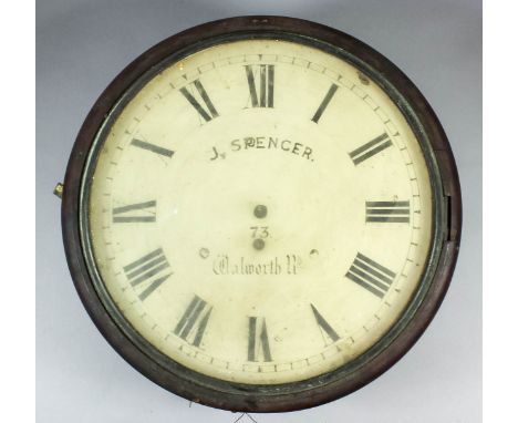 A Victorian mahogany cased dial wall clock by J. Spencer of 73 Walworth Road, London, the 12ins diameter painted dial with Ro