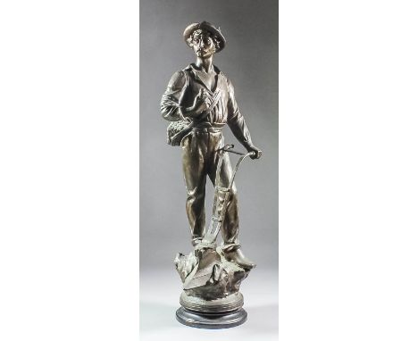 A late 19th Century bronzed spelter figure of a ploughman, on circular ceramic base, 30ins high (damaged)