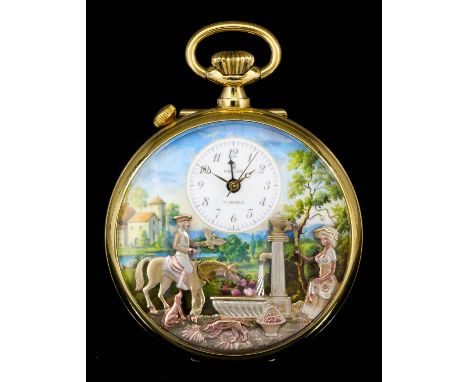 A modern Reuge Music automaton musical alarm open faced keyless pocket watch No. 7285, the enamel dial with subsidiary dial w