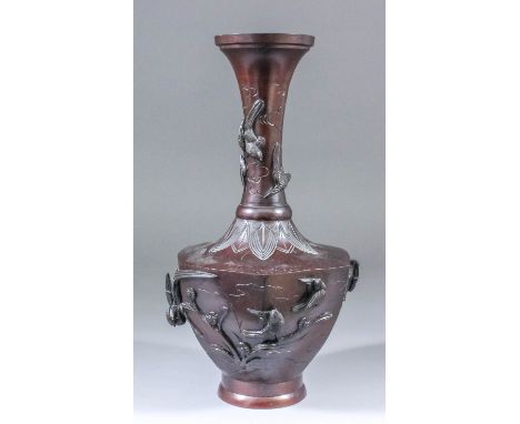 A Chinese bronzed metal baluster vase, the body of hexagonal outline, with applied birds amongst prunus blossom, 12.25ins (31