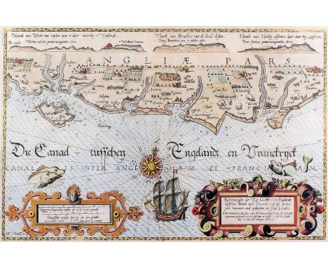 17th Century Dutch school - Coloured engraving - Map of the English Channel, with the South Coast of England, showing major w