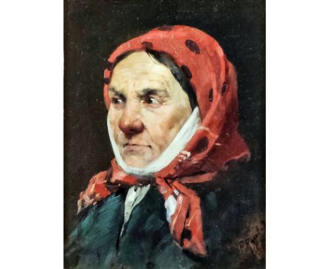 Late 19th Century Continental school - Oil painting - Shoulder length portrait of a lady wearing a red headscarf, canvas stuc