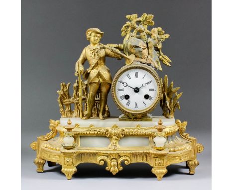 A late 19th Century French gilt metal and white marble cased mantel clock by Japy Fils, No. 231, the 3.125ins diameter dial w