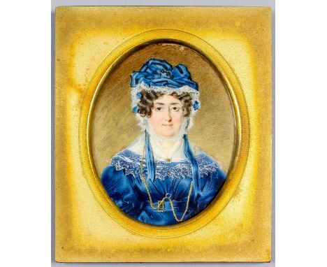 An early 19th Century Australian school (?) - Miniature painting - Shoulder length portrait of Mrs P.G. King wearing lace tri