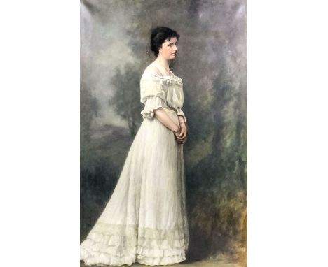 Arthur Elwell Moffat (1860-1943) - Oil painting - Full length society portrait of a young woman wearing long white dress, can