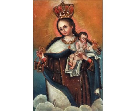 A 19th Century Iberian/Latin American school - Oil painting - Portrait of the Virgin and Child amongst clouds, linen 14ins x 