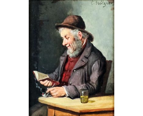 Carl Siegfried Stoitzner (1866-1943) - Oil painting - Portrait of a seated, bearded man smoking a pipe and reading, with a gl