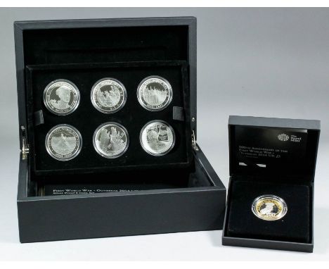 A set of six Elizabeth II 2014 silver proof Five Pound coins to commemorate the outbreak of the First World War (No. 86 of ed