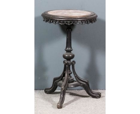 A Continental stained wood circular tripod table with red veined marble slab to top and moulded edge, on turned central colum